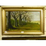 A gilt framed oil on board of country lane scene signed B Mills