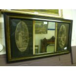 An early 20th century bevelled glass mirror with prints to side