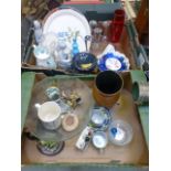 Two trays of glass and ceramic ware to include Spanish figurines, punch bowl etc.