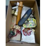 A small box of assorted collectable's to include flatware, cigarette cases, wooden items etc.