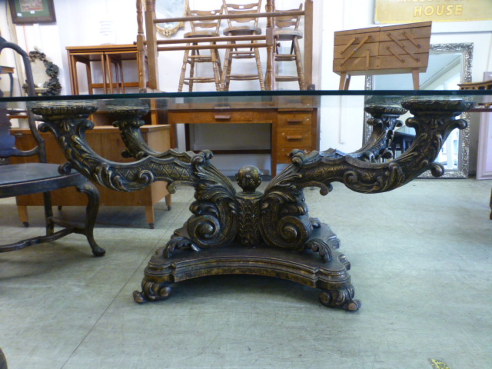 An Italian gilt wood four branch based glass top dining table - Image 2 of 2