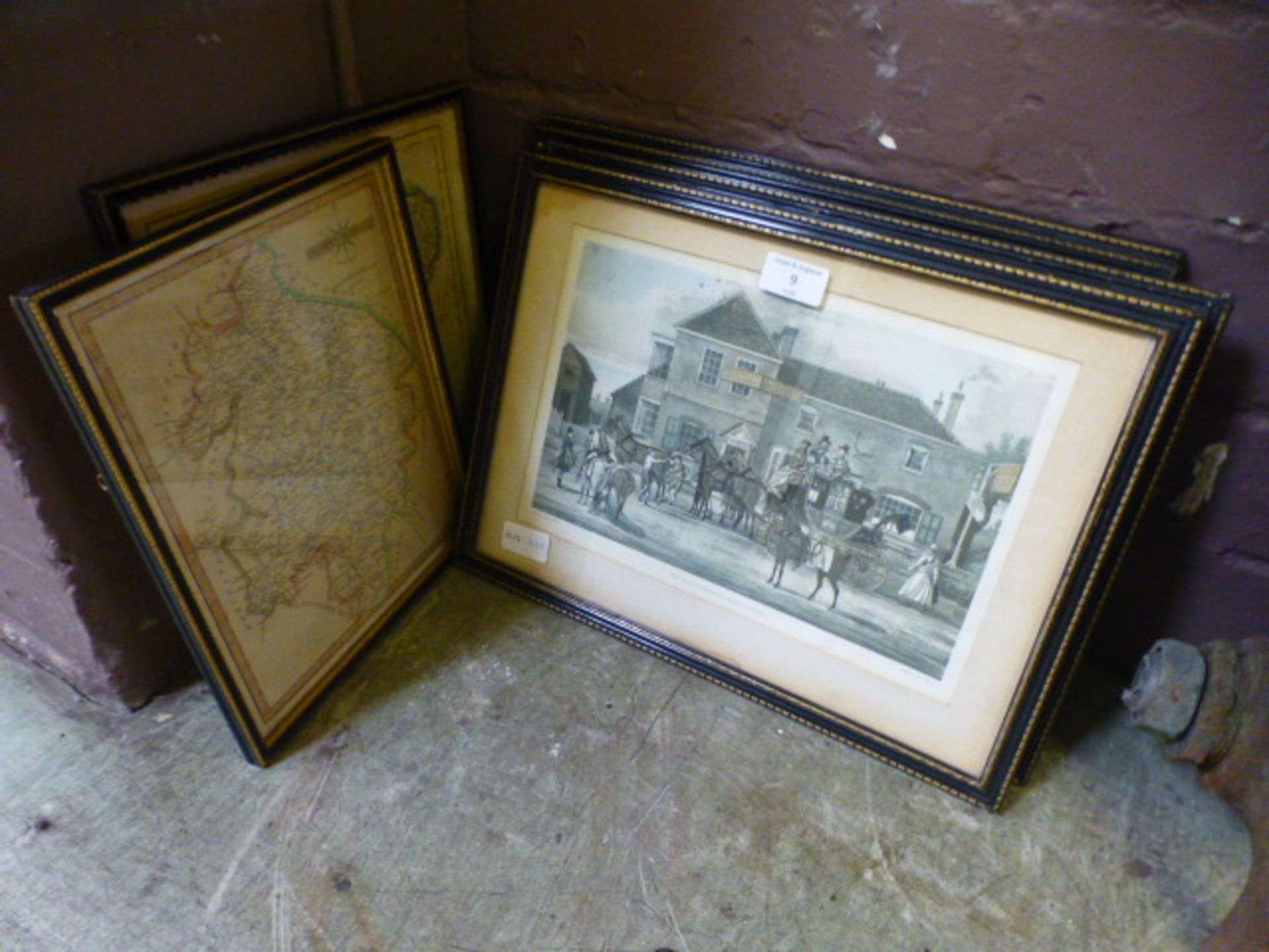 A selection of framed and glazed prints, maps etc.