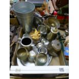 A tray of assorted metalware to include ice bucket, a teapot etc.