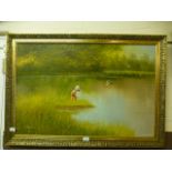 A gilt framed oil on canvas of child fishing signed Manuel