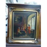 A gilt framed oil on canvas of 17th century interior scene with soldiers signed bottom left