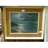 A framed oil on board of a full moon coastal scene signed Braunston