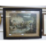 A framed and glazed coloured print of marching soldiers