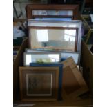 A large box of assorted framed and glazed prints, watercolours etc.