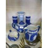 A selection of blue and white Wedgwood Jasper ware to include a teapot