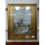 A framed and glazed watercolour of sheep in a lane with shepherd signed bottom left D Peters