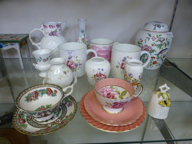 An assortment of ceramic ware to include Coalport cup and saucer, Ainsley ginger jar etc.