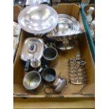 A tray of assorted plated ware to include toast rack, cake stands, pewter ware etc.