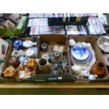 Three trays containing Price Brothers cottage ware, wooden barrel, jasper ware,