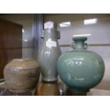 An 18th century Chinese ceramic pot together with a Chinese celadon glazed vase and a crackle