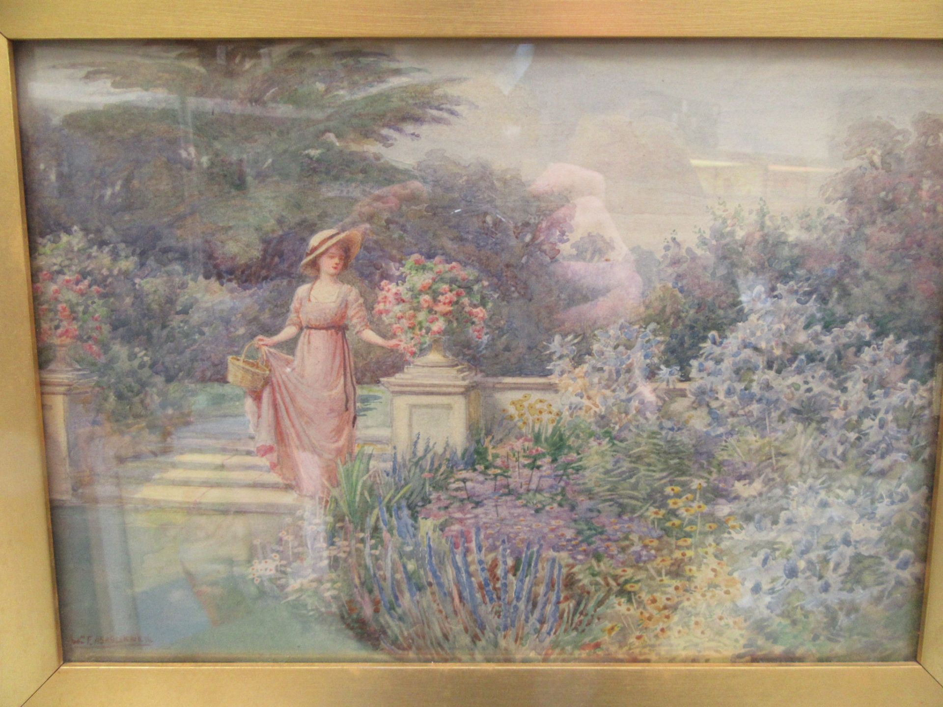 A gilt framed and glazed watercolour of classical lady in garden scene signed Ashburner - Image 2 of 3