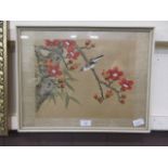 A framed and glazed oriental silk print of bird on branch