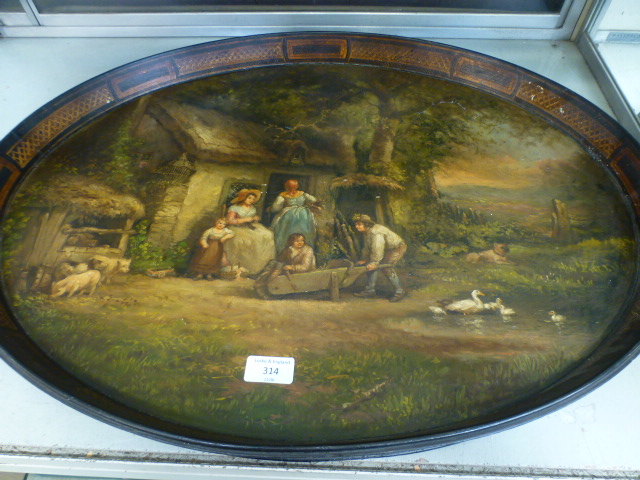 A 19th century hand painted lacquered tray depicting village scenes