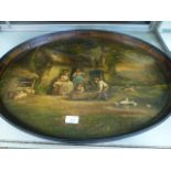 A 19th century hand painted lacquered tray depicting village scenes