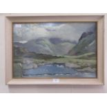 A framed and glazed oil of mountainous lake scene signed Harrison