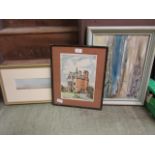 A framed and glazed watercolour of beach scene along with two others