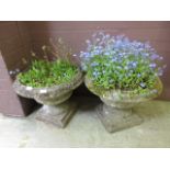 A pair of composite stone garden urns with green and purple plants