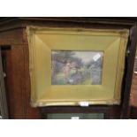 A gilt framed and glazed watercolour of classical lady in garden scene signed Ashburner