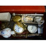 A box containing assorted items to include pocket watch, tokens, scent bottle, medals etc.