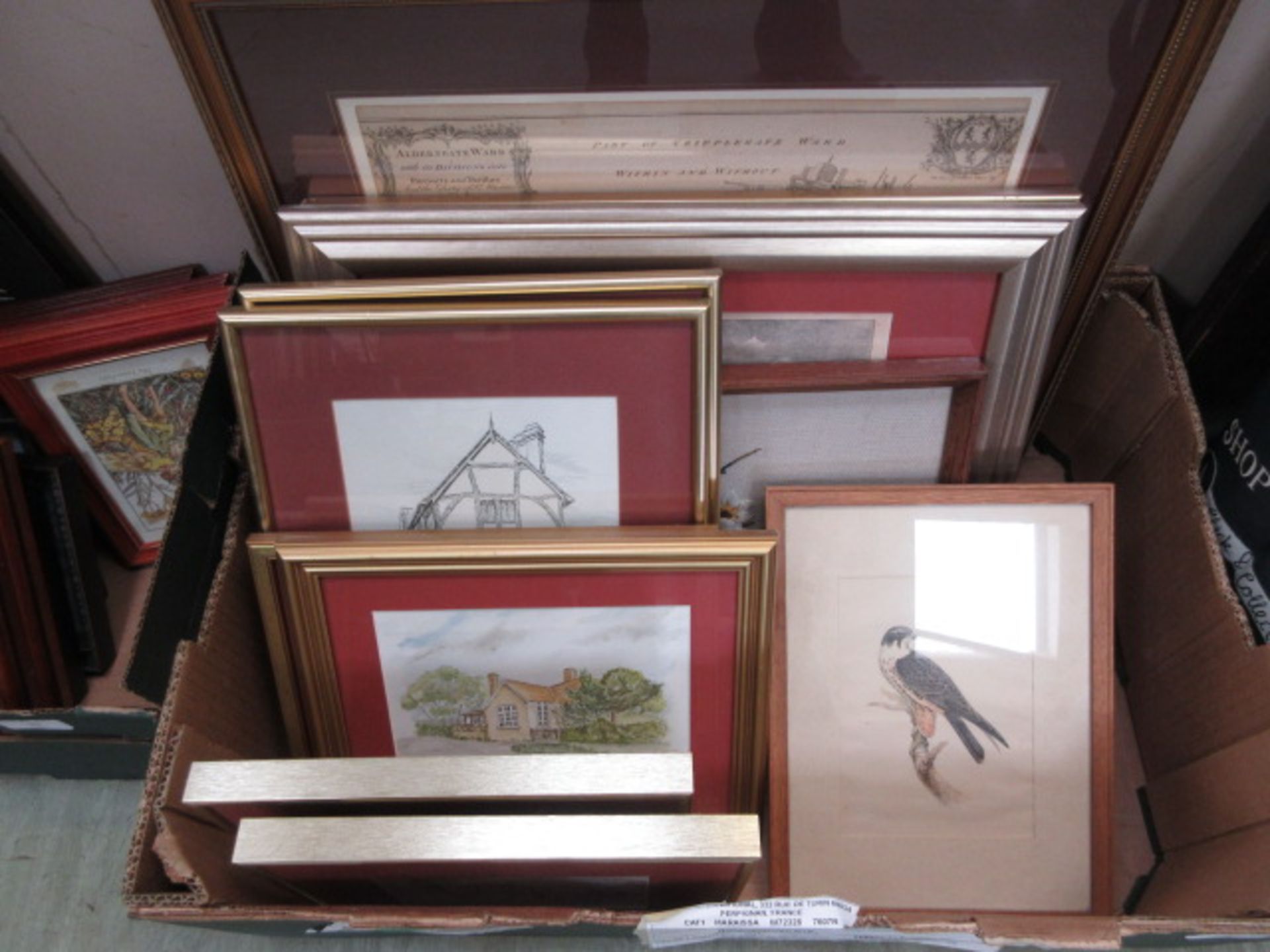 A tray of framed and glazed prints, etchings, watercolours etc.