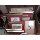 A tray of framed and glazed prints, etchings, watercolours etc.