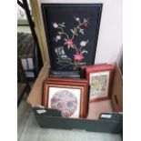 A small tray of framed and unframed prints, needlework's etc.