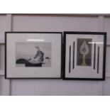 A framed and glazed monochrome print of bird of prey on rock along with an Art Deco style picture