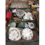 Two trays containing an assortment of ceramic ware to include Royal Albert Village Green part tea