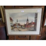 A framed and glazed possible ink and pen drawing of carriage in town scene