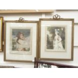 A pair of gilt framed coloured prints of young ladies