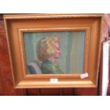 A gilt framed oil on board of lady sat in chair