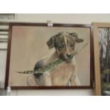 A framed oil of dog with feather