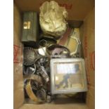 A box containing an assortment of items to include pocket watches, spoons, shells etc.