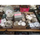Three trays containing a large assortment of ceramic ware to include Royal Albert, Stuart crystal,