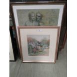 A framed and glazed print of mother and child together with a framed and glazed watercolour of