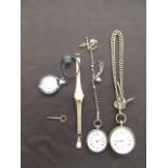 A late 19th century white metal cased pocket watch together with a white metal cased ladies fob