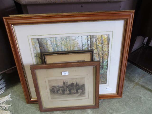 A selection of seven framed and glazed pictures, one possibly a watercolour of countryside,