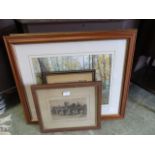 A selection of seven framed and glazed pictures, one possibly a watercolour of countryside,