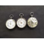 A late 19th century white metal cased fob watch having an engraved white metal dial with Roman