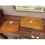An oak and chrome galleried tray together with a mahogany inlaid tray