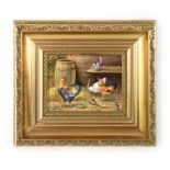 Francis Clark (formerly of Royal Worcester), Hens in a farmyard, signed, oil on porcelain,