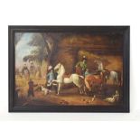 18th/19th Century School, A bustling inn stables, unsigned, oil on canvas,