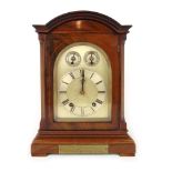 An early 20th century mahogany and boxwood strung mantle clock chiming on two gongs,