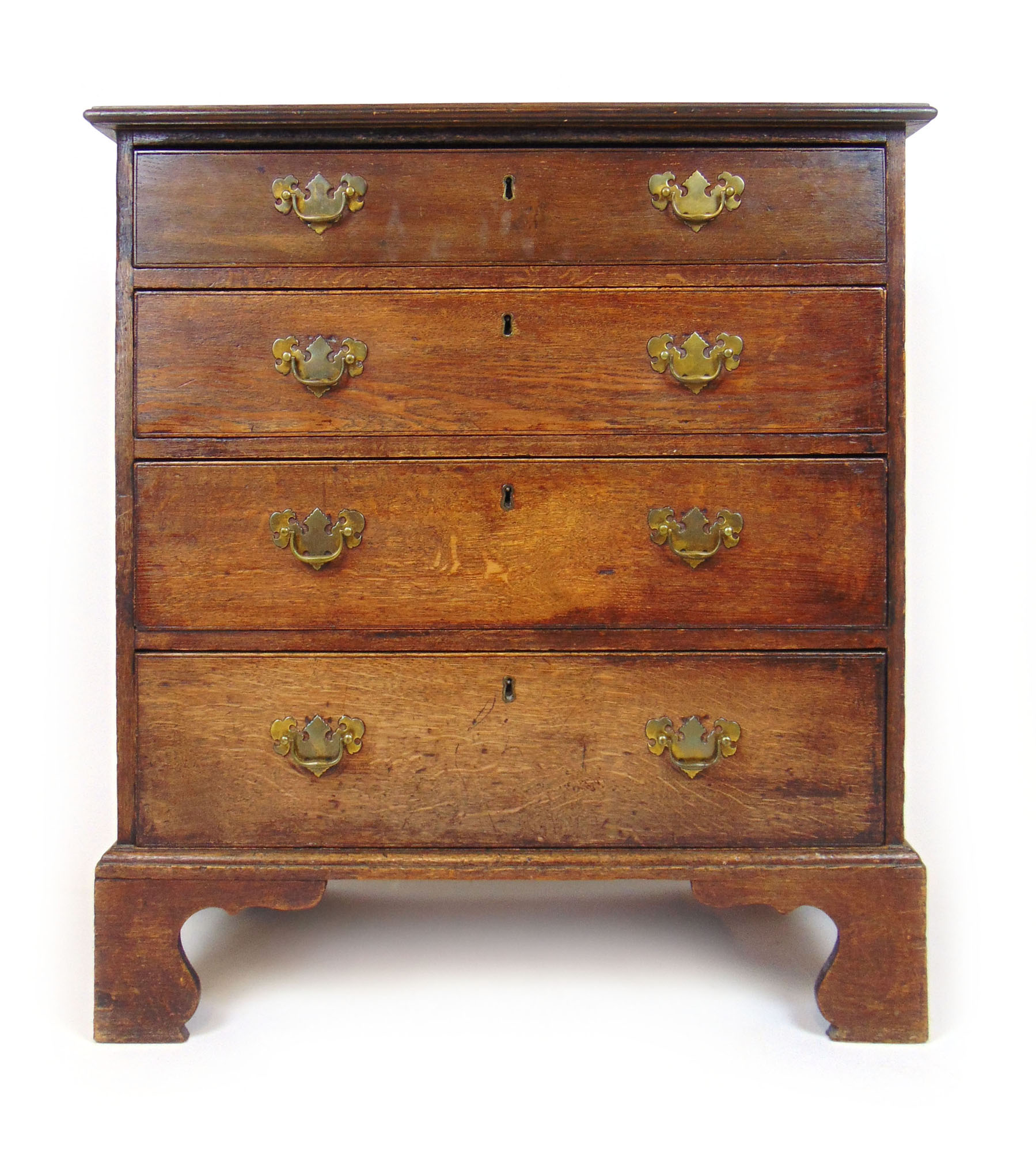 An 18th century oak chest of four long drawers on bracket feet, 88 cm, w. 83 cm, d. - Image 2 of 2