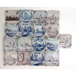 A collection of seventeen 18th century defltware tiles depicting religious scenes, landscapes,
