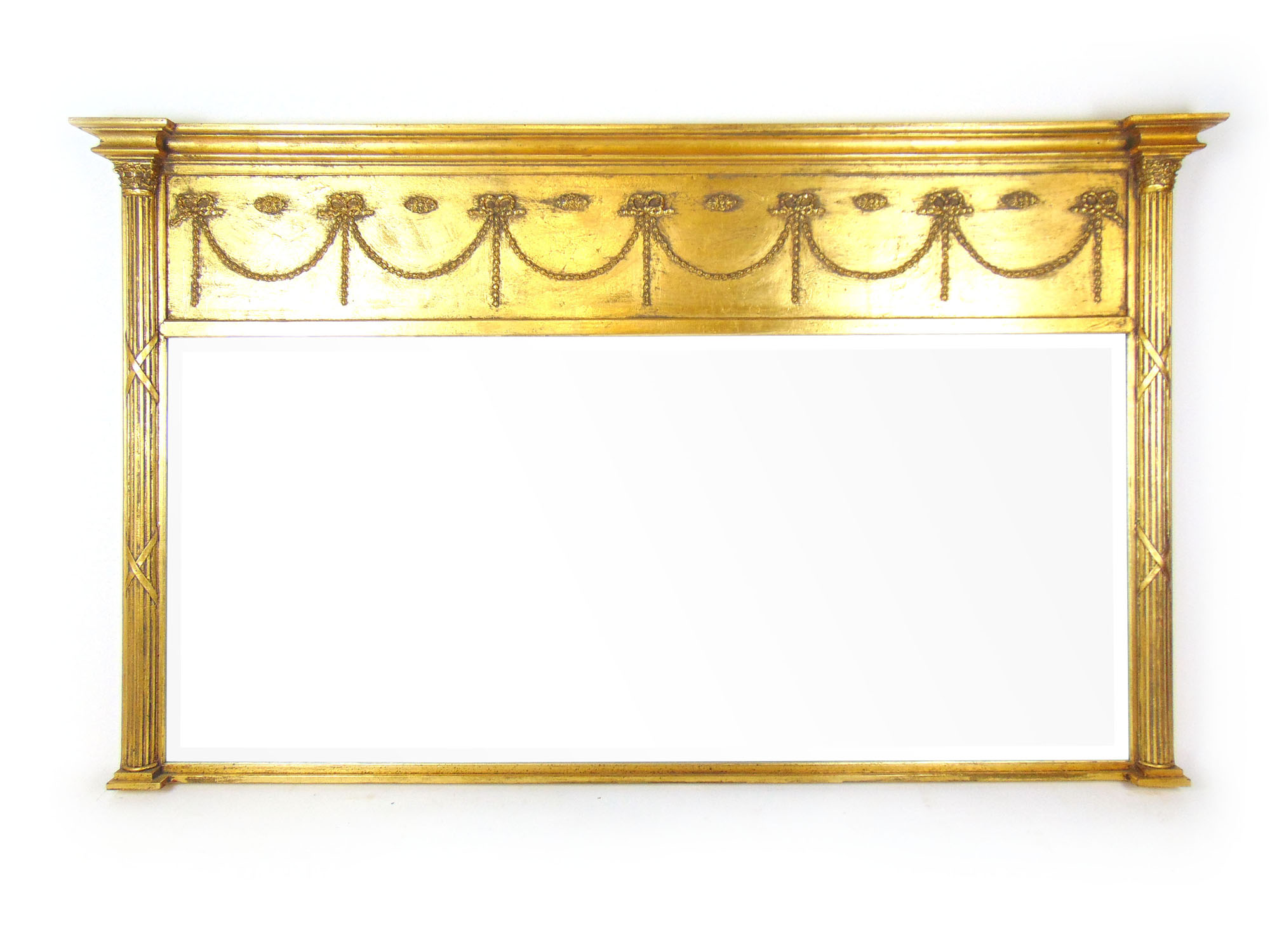 A reproduction neoclassical style giltwood over mantle mirror,